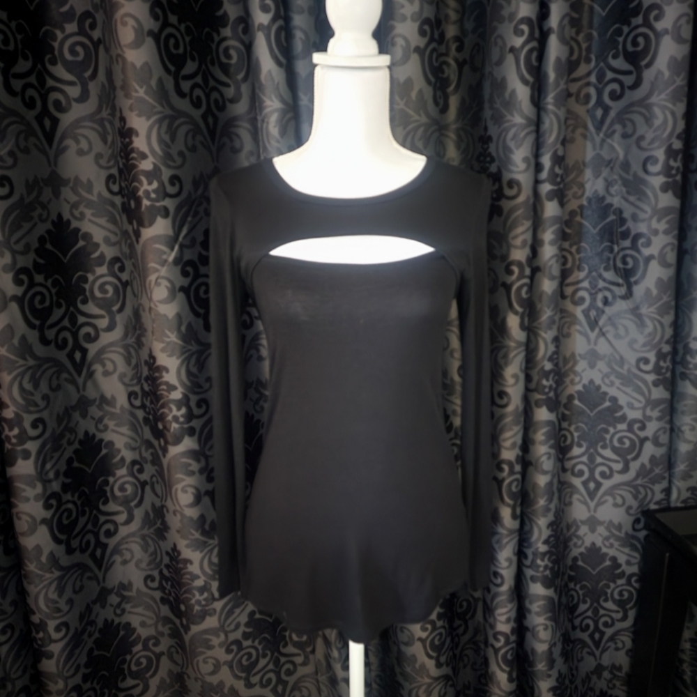 Long Sleeve Black Peekaboo Top, Women's M